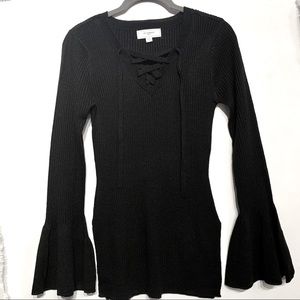 No Comment Lace Up V Neck Bell Sleeve Sweater